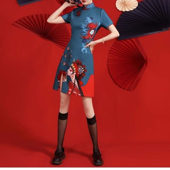 Elegant Blue Dragon Print Mini Dress - Picture 12 of 13